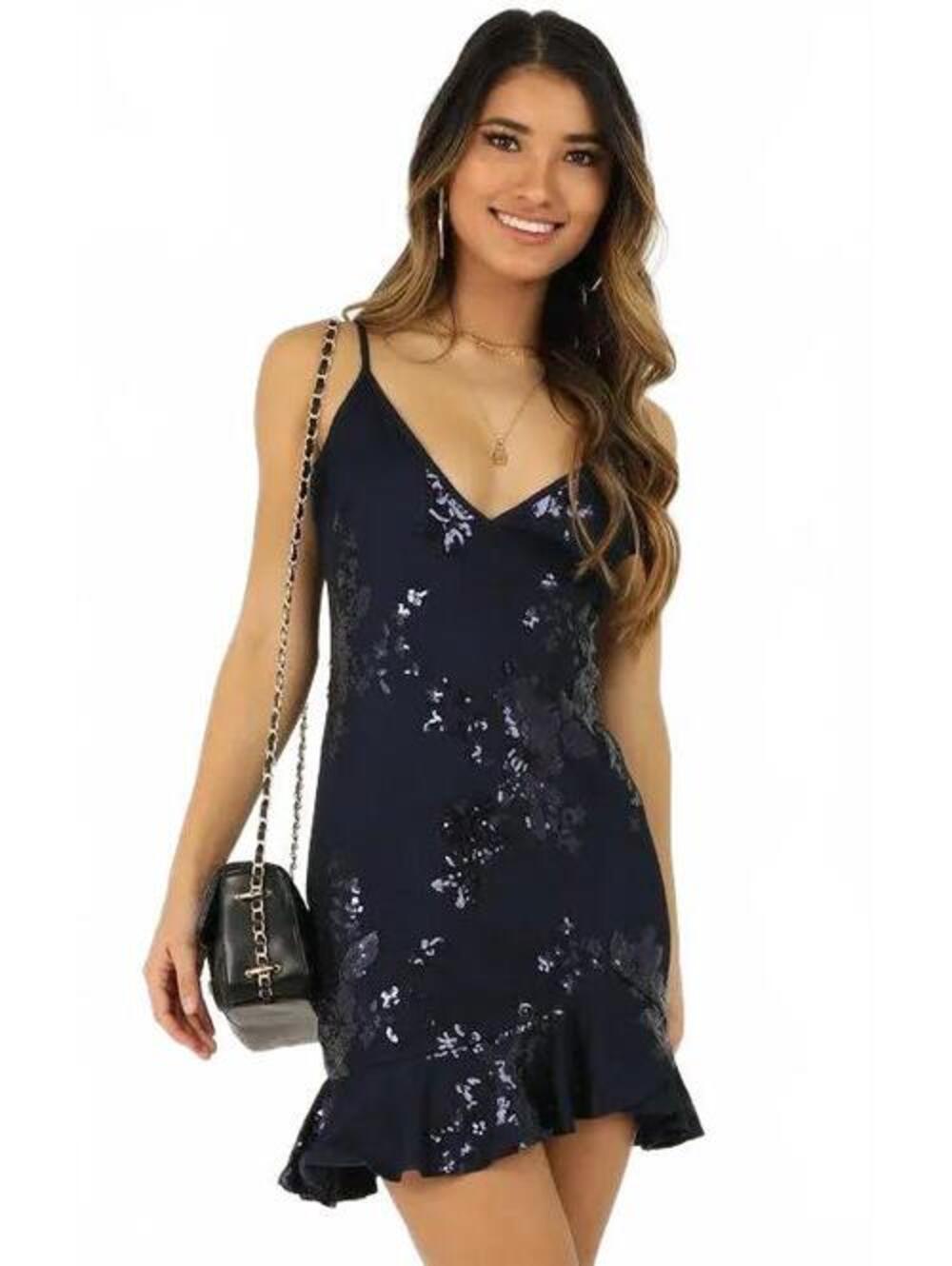 Showpo Navy Blue Sequin Floral Mini Cocktail Wedding Guest Semi-Formal Dress Med